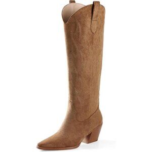 Women Faux Leather Light Brown Calf High Embroidered Pointed Toe Block Heel Boot